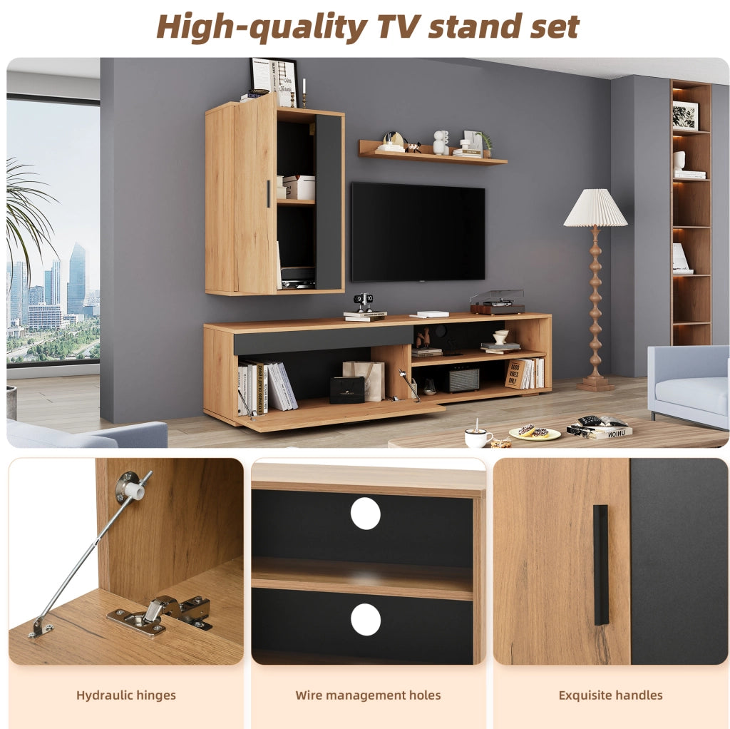 Set mobili soggiorno TV 140x35x39 cm con mobile TV, armadietto da parete e mensola, design moderno in truciolato legno e nero