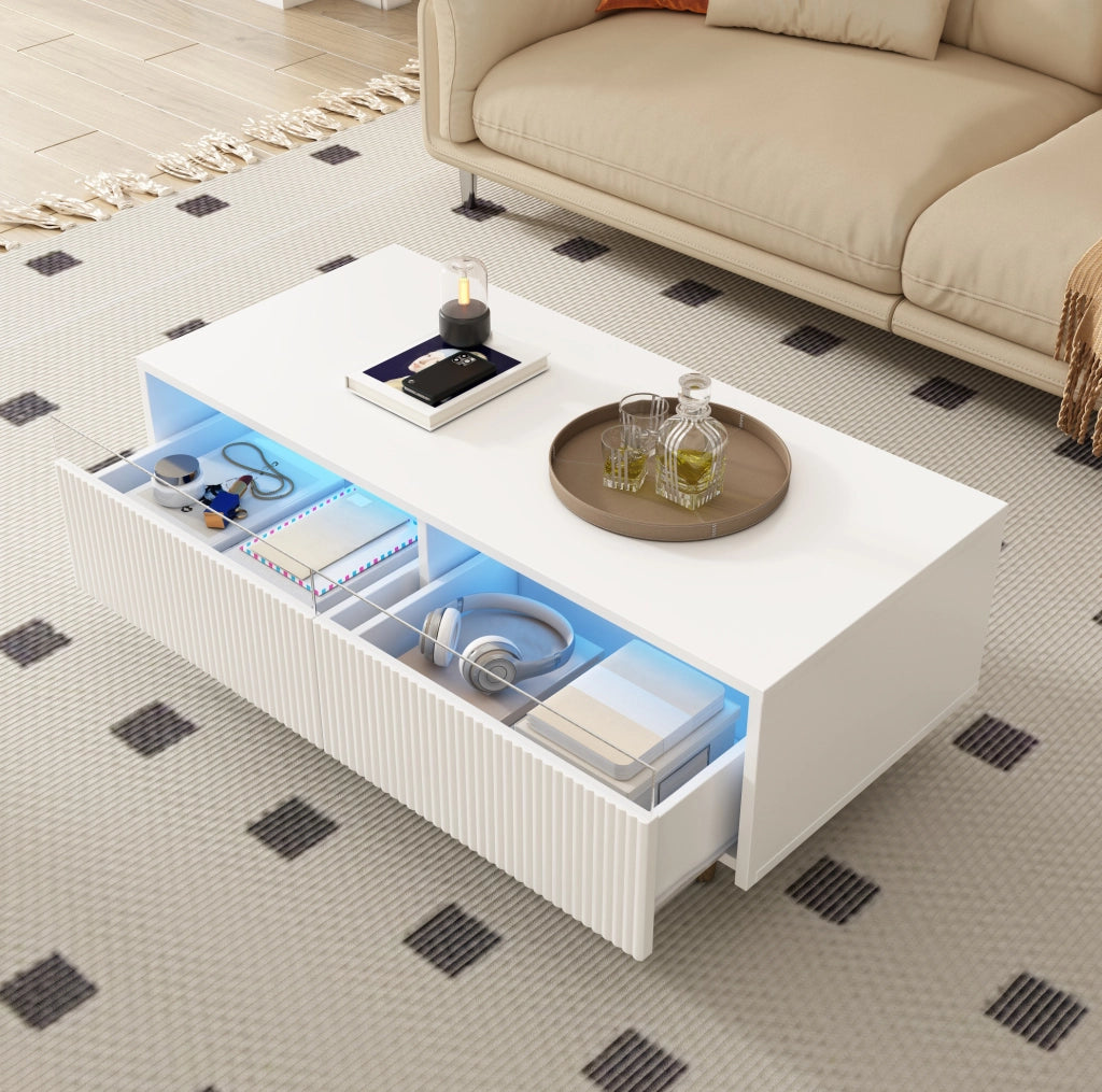 Tavolino da caff¨¨ 110x50x40 cm con LED multicolore e 2 cassetti in MDF bianco