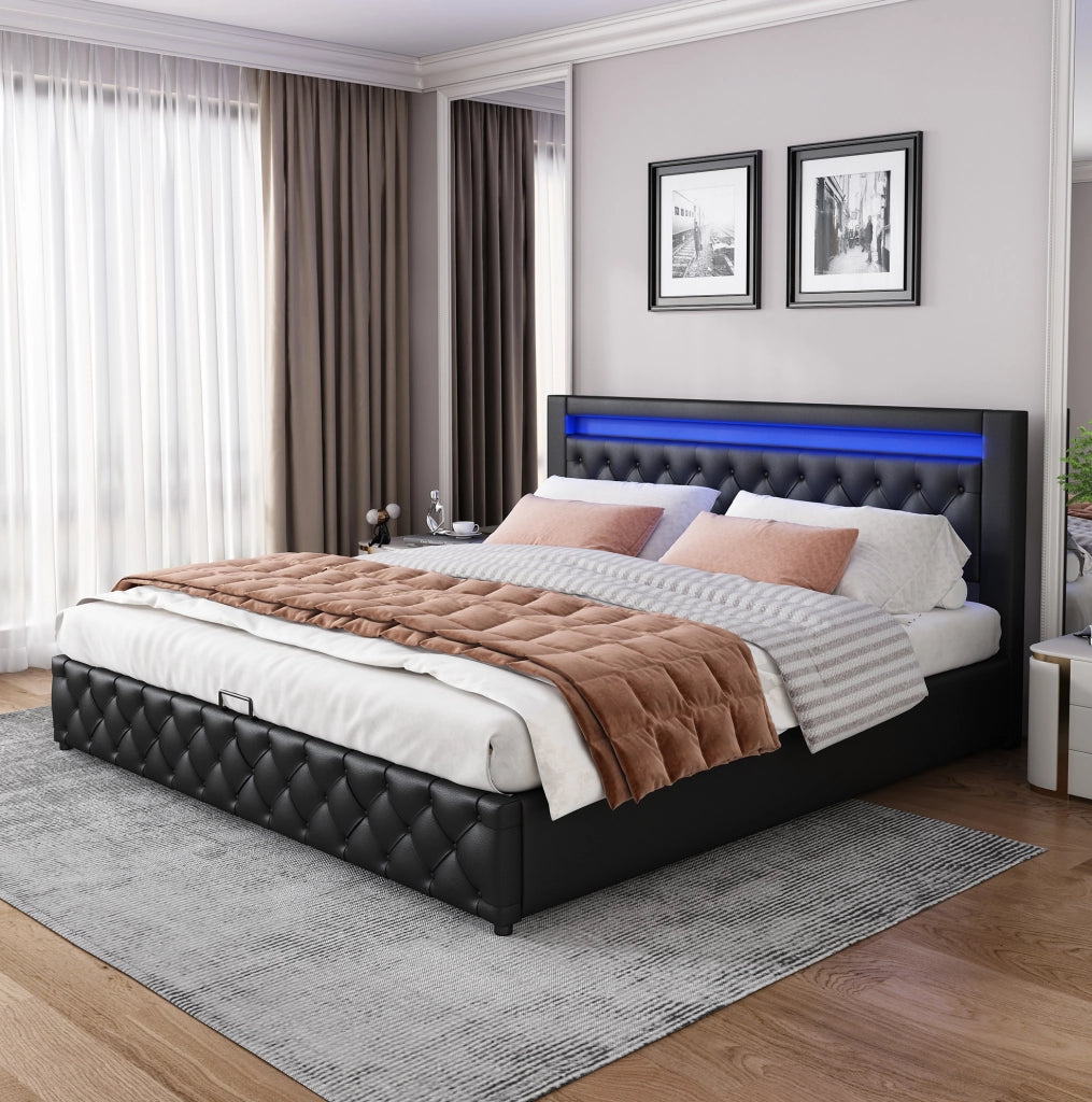 Letto matrimoniale 140x200 cm con contenitore e LED; rivestimento in PU nero