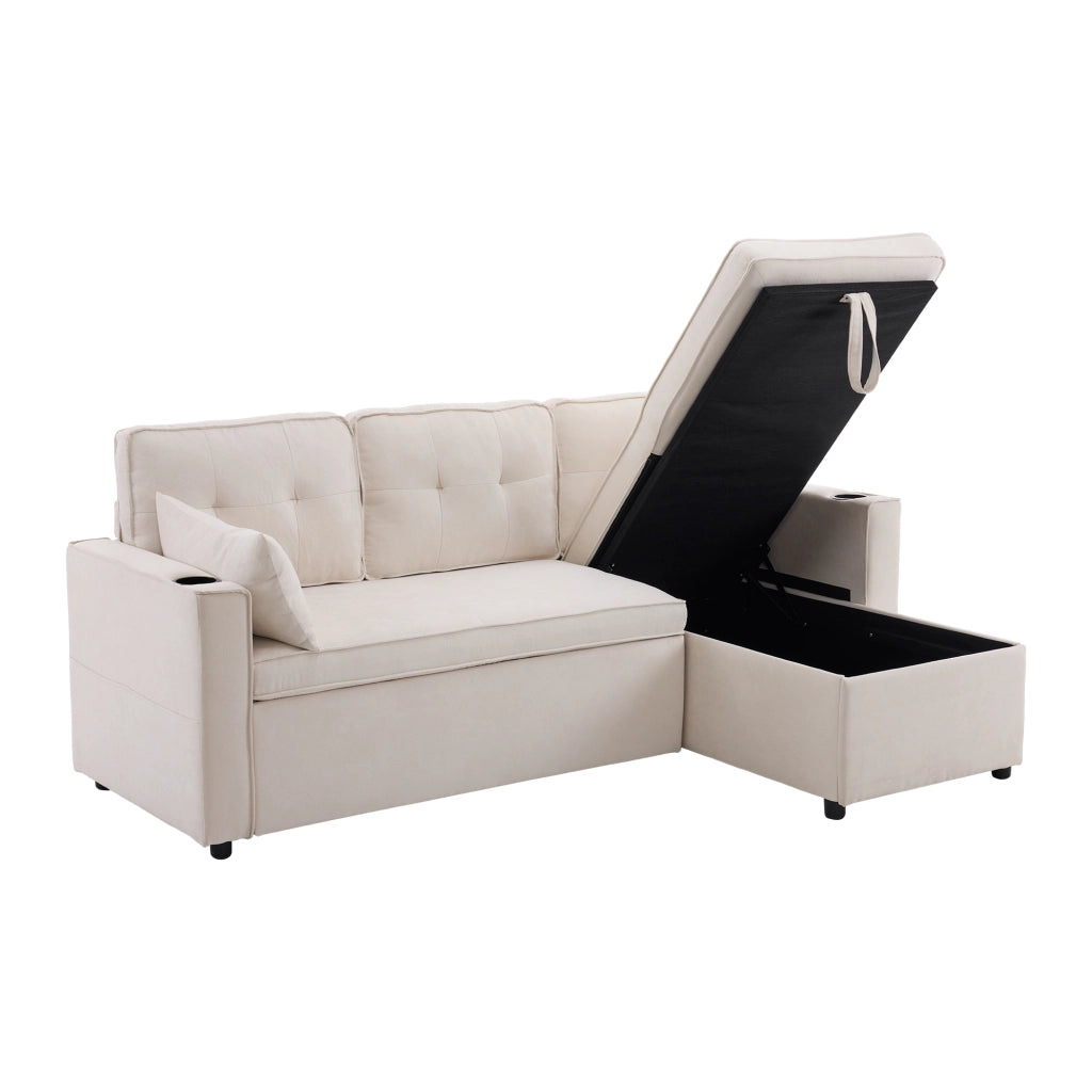 Divano angolare convertibile 211x129;5x86 cm; divano letto reversibile con contenitore e portabicchiere; lino-cotone; beige