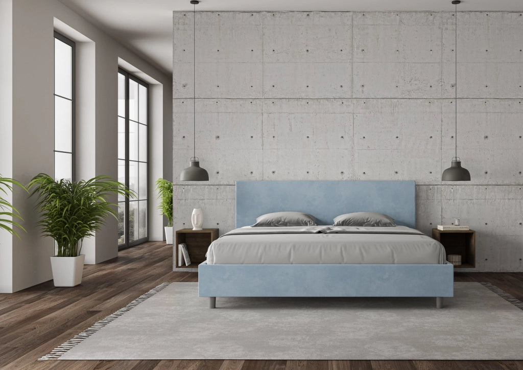 BS COM Letto senza rete imbottito 180x200 microfibra azzurro