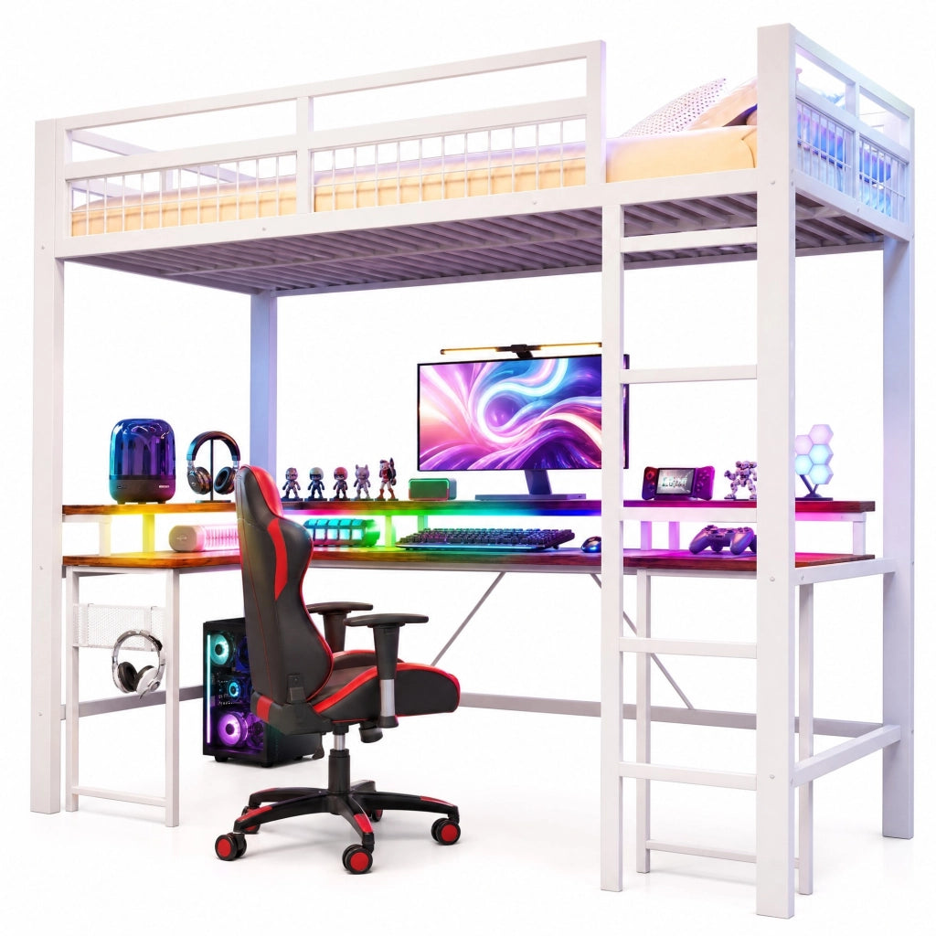 Hochbett 90x200 cm in metallo e MDF, con scrivania, LED RGB, porte USB e prese, bianco