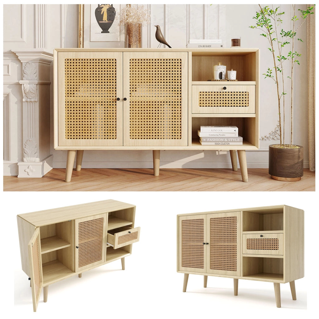 Credenza con Cassetto e 2 Ante in Rattan ¨C MINIMAL ¨C Rovere, Metallo Nero, 120x40x80