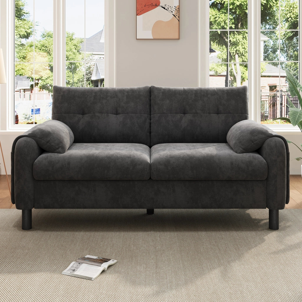 Divano 2 posti compatto in chenille grigio con tasche laterali