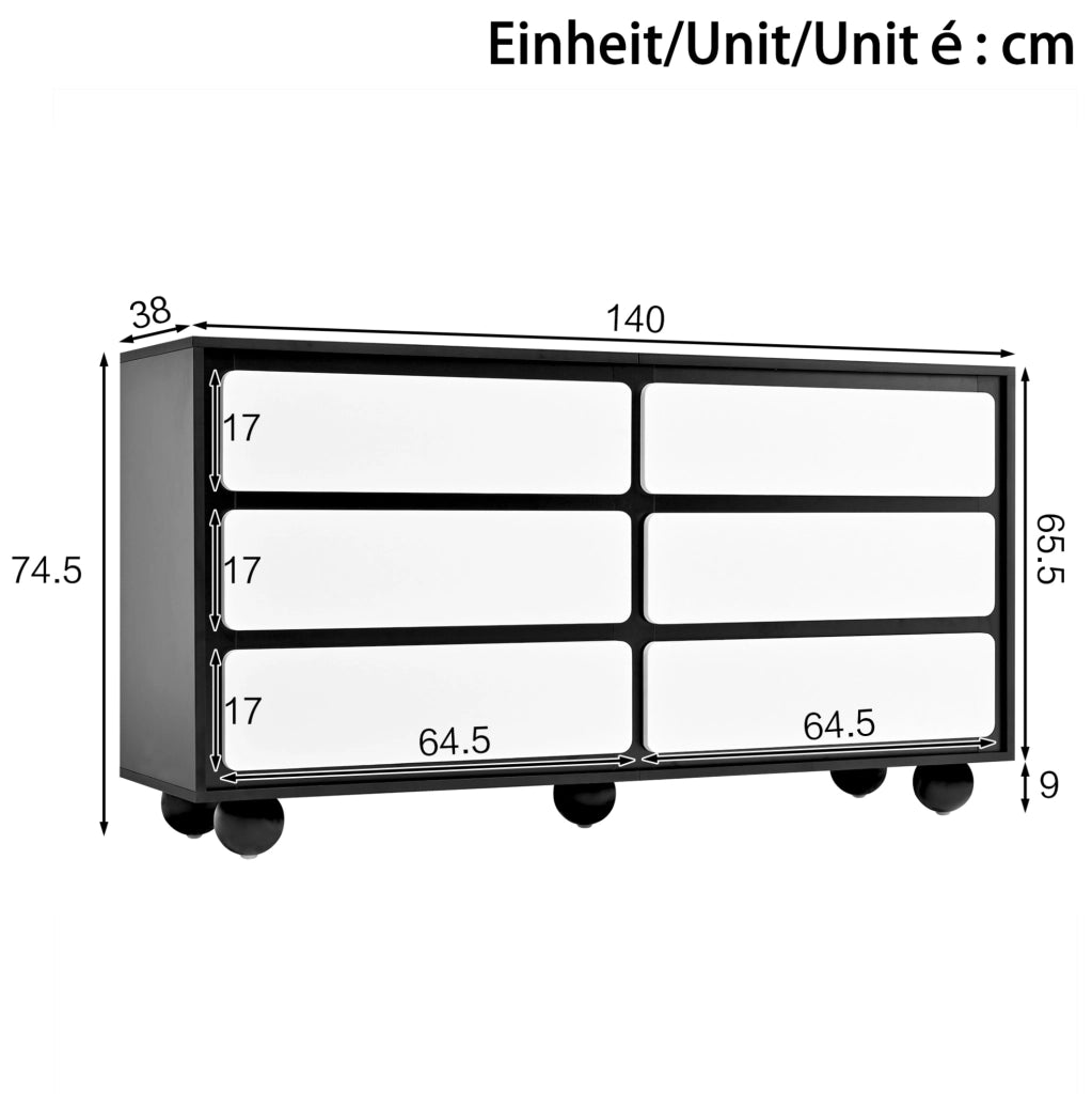 Cassettiera moderna 6 cassetti bianco e nero 140x38x74,5 cm