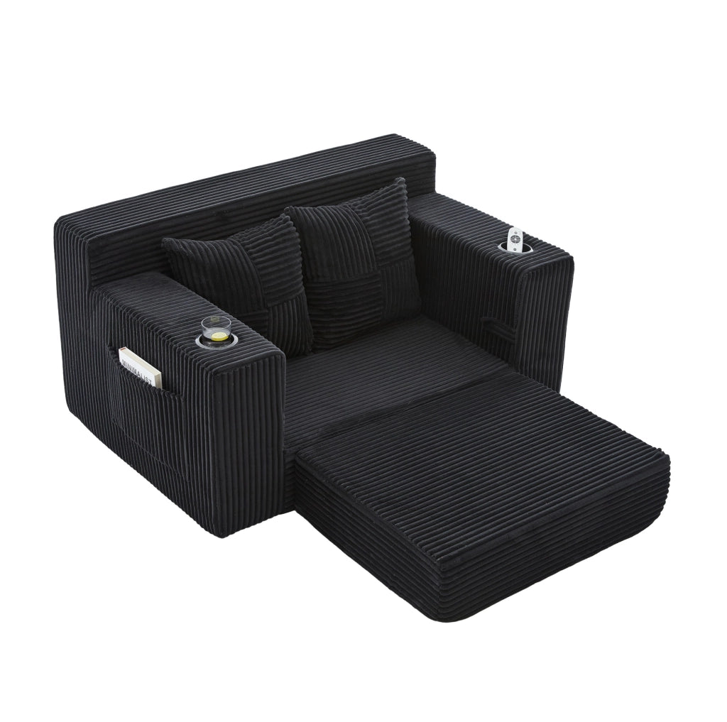 Divano imbottito 151x133x64 cm in velluto a coste nero con tasche laterali