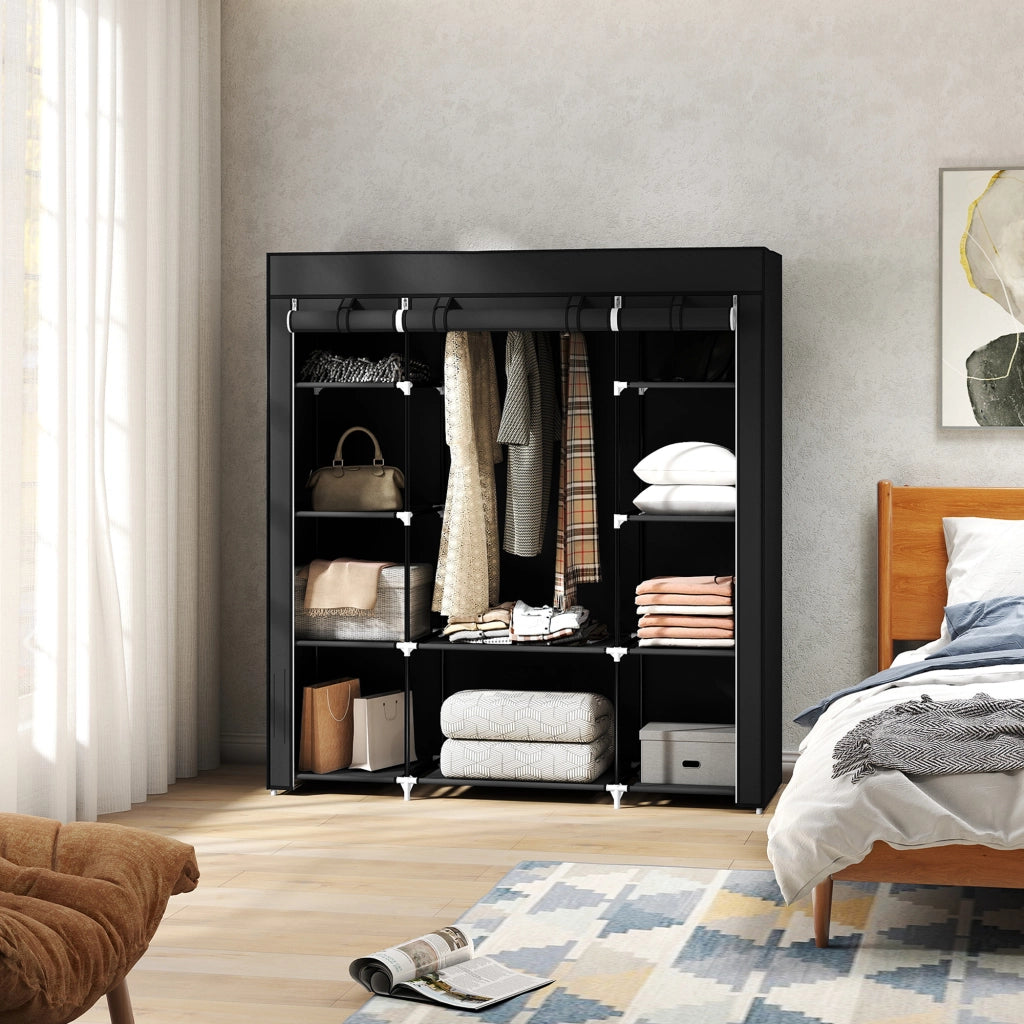 Armadio Guardaroba in Tessuto Pieghevole con Asta Appendiabiti e 9 Ripiani, 150 cm x 43 cm x 162,5 cm, Nero, Salvaspazio