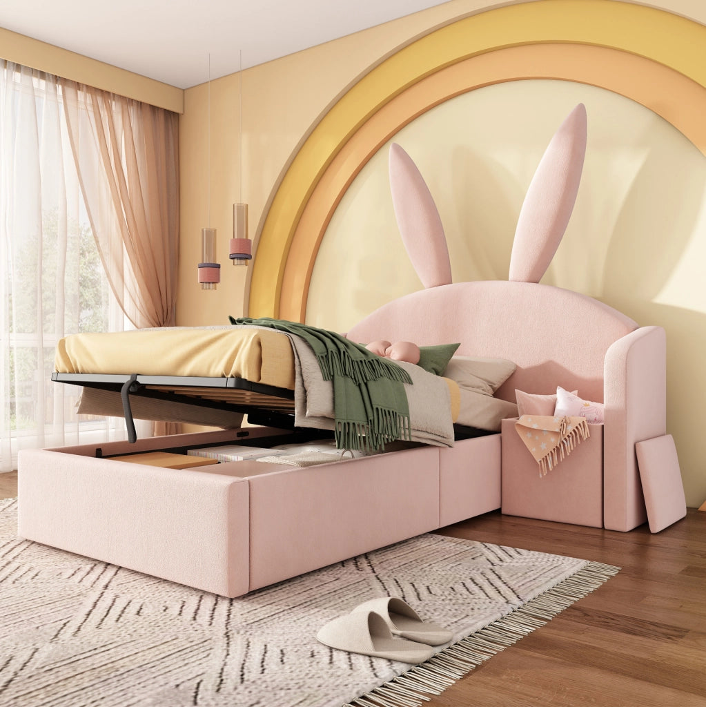 Letto per bambini 90x190 cm con contenitore idraulico e comodino in velluto rosa