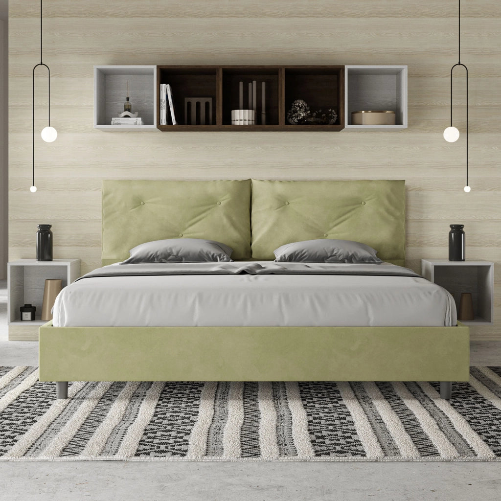 BS COM Letto matrimoniale king size contenitore imbottito 200x210 microfibra tè verde
