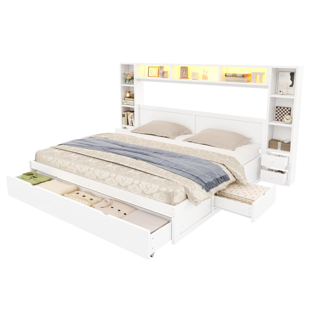 Letto Contenitore Imbottito 180x200 cm con Cassetti; LED; Bianco