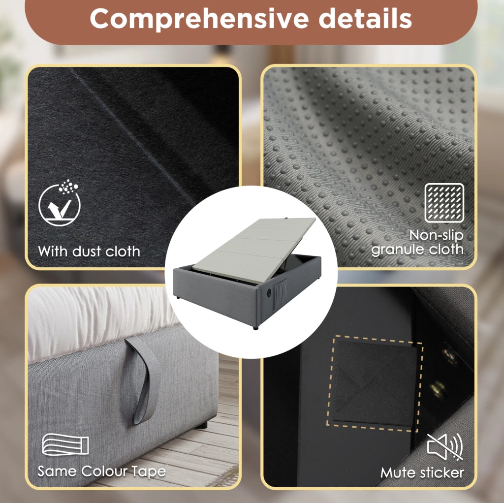 Letto contenitore 90x190 cm con USB e Type-C; senza testiera; grigio