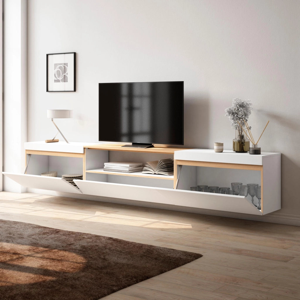 Mobile TV Soggiorno, 260x45x35cm, TV di grande formato, Sospeso, da appendere, Bianco e Rovere soft