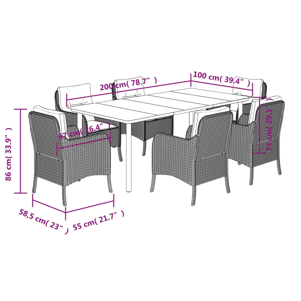 Set da Pranzo da Giardino 7 pz Nero con Cuscini in Polyrattan