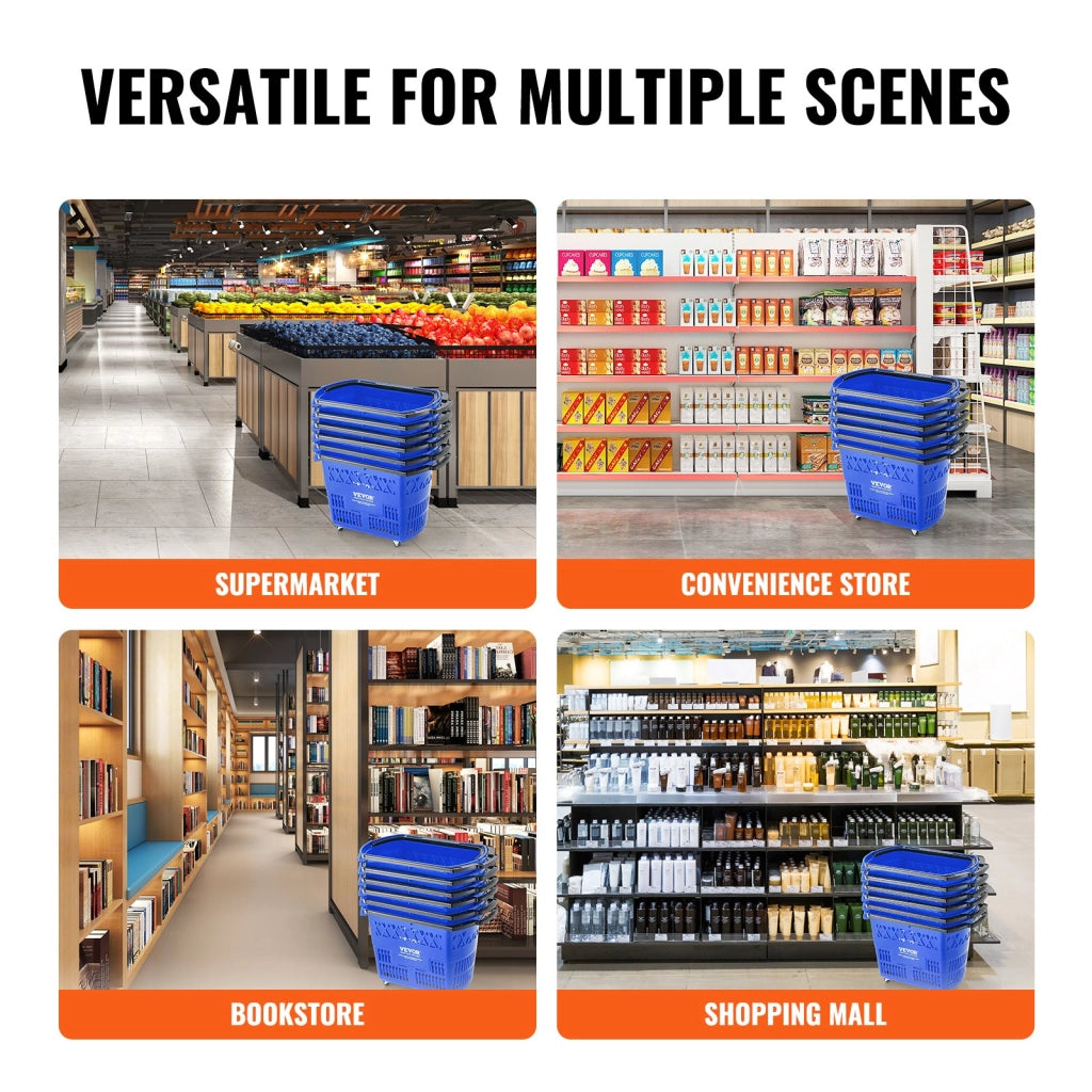 Set 6 Cestini Spesa con Ruote e Manico in Plastica PE Blu 39 L Carrello Portatile per Negozi e Supermercati LB-B027-7