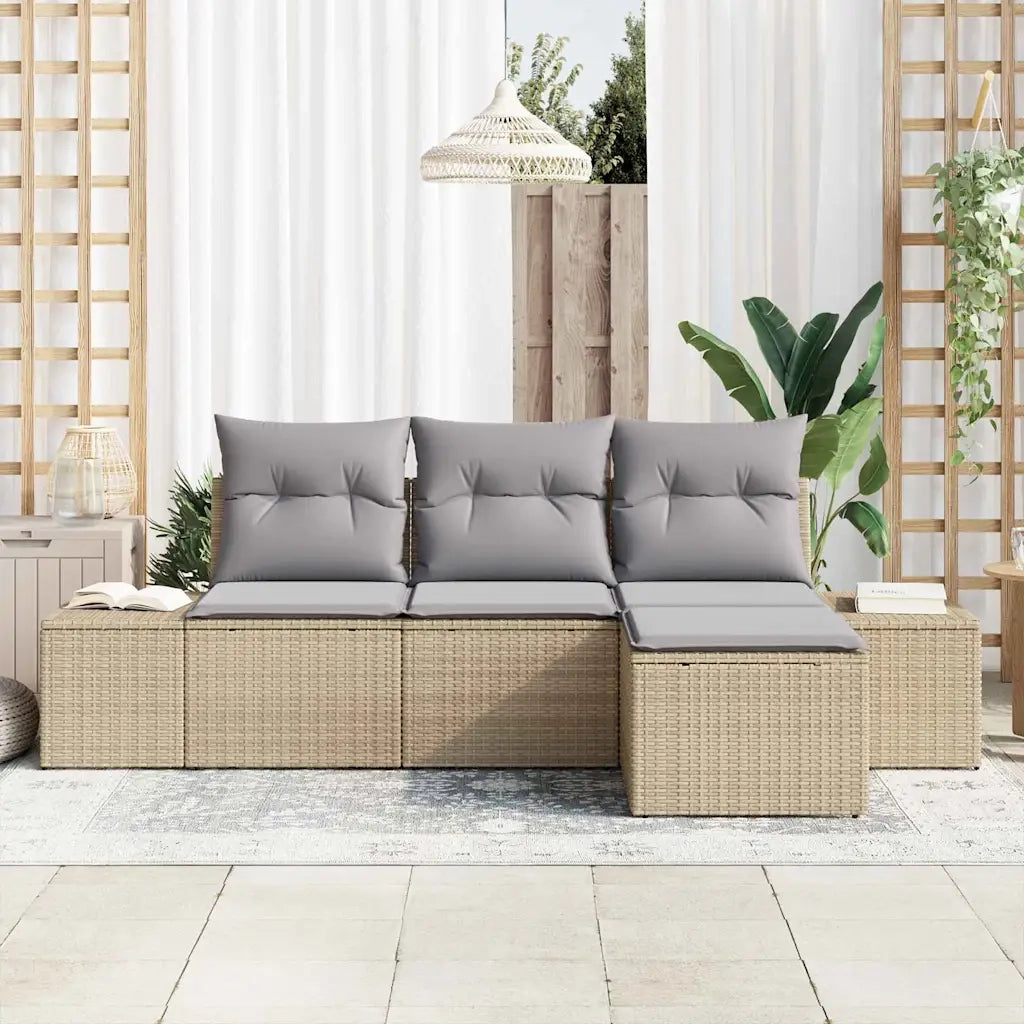 Set Divano da Giardino con cuscino 4 pz | Set Salotto da Giardino Beige polyrattan