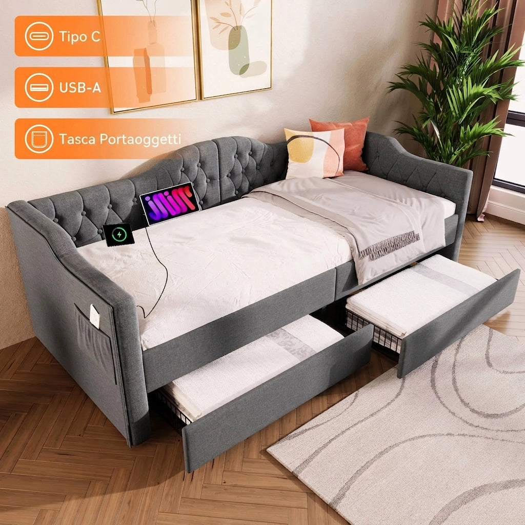 Divano Letto Singolo 90x200 con 2 Cassetti e Prese USB/Type-C; Letto Imbottito in Lino Grigio