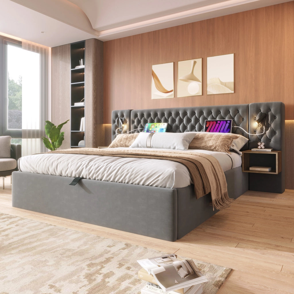 Letto matrimoniale 180 ¡Á 200 cm con contenitore idraulico in velluto grigio testiera con luci USB e Type-C