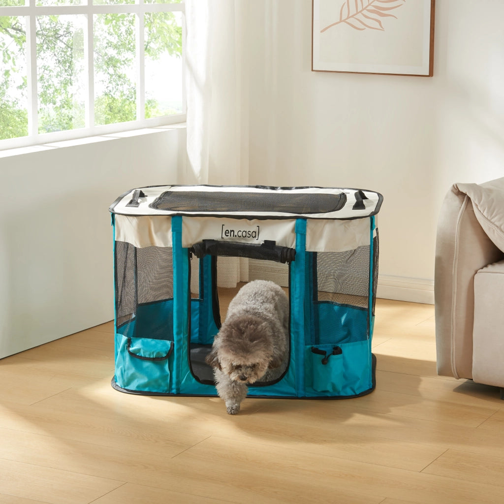 Kennel Pieghevole Mörbylånga Rifugio Portatile per Cani e Gatti 90 x 70 x 60 cm Blu / Beige [en.casa]