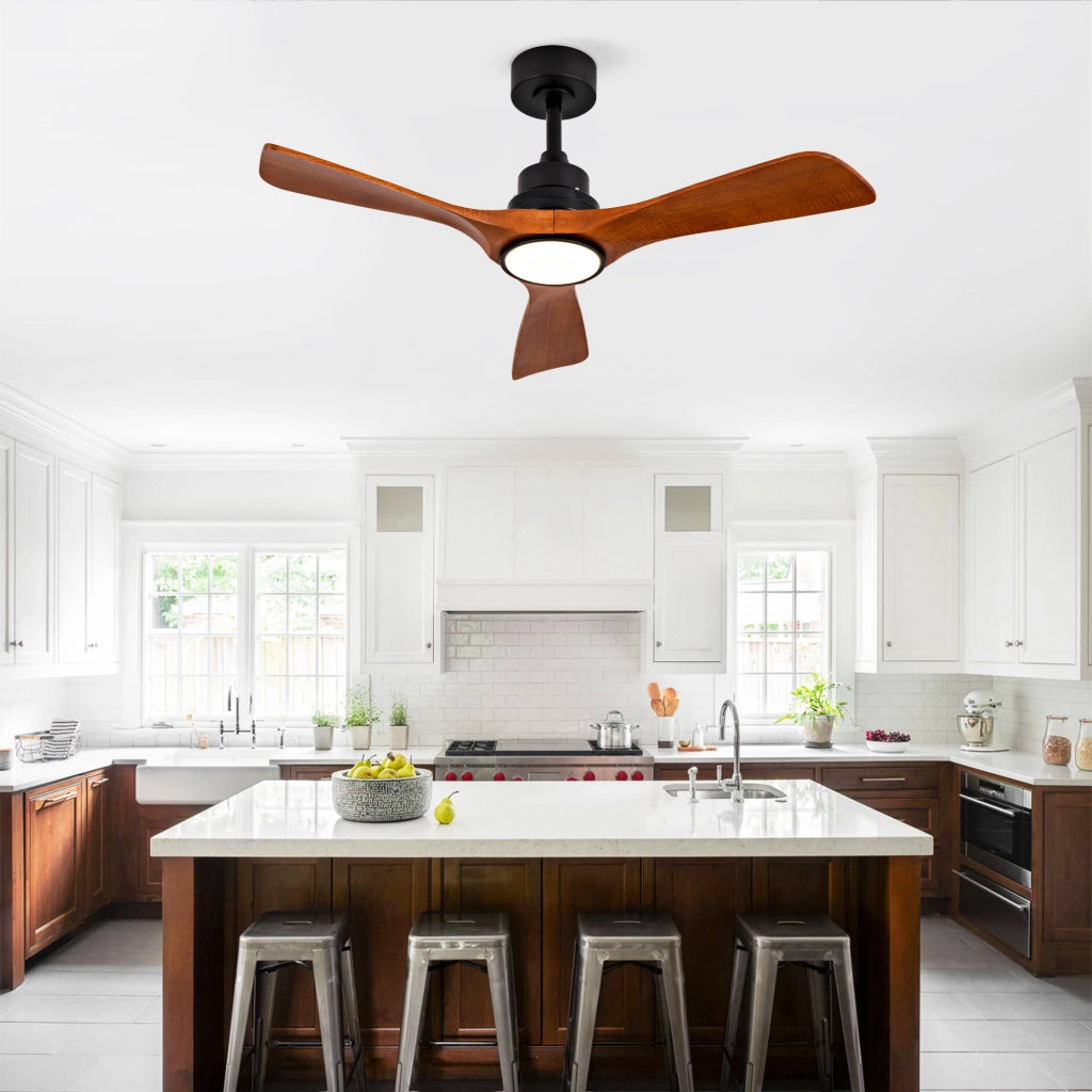 Ventilatore da soffitto 42 pollici con luce LED; 3 pale in legno noce scuro; motore DC reversibile nero 6 velocità