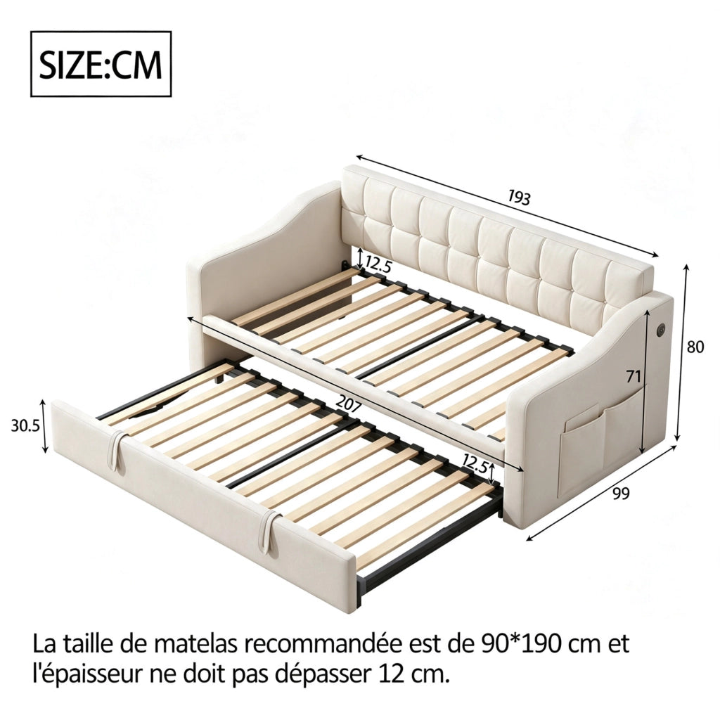 Divano letto 2 in 1 in velluto beige 90x190 cm con porta USB e spazio contenitivo