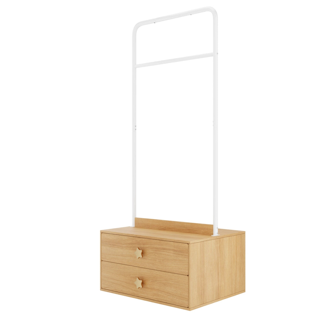 Appendiabiti per bambini con 2 cassetti, maniglie a stella, struttura in legno 70×55×168 cm, colore legno
