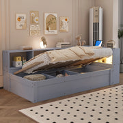Letto multifunzione 90 x 200 cm grigio con LED, presa integrata e contenitore idraulico