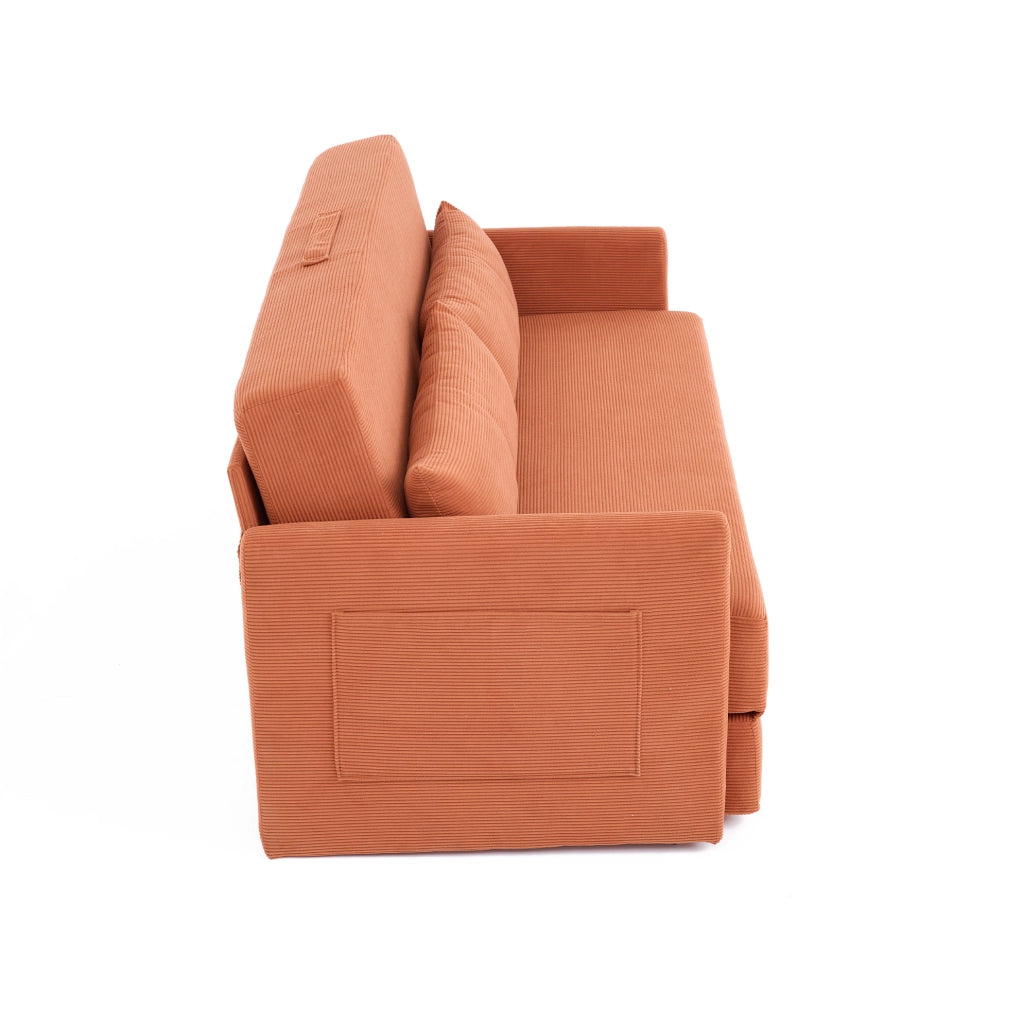 Divano letto 2 posti in tessuto di cotone, arancione, con due cuscini lombari e tasche portaoggetti, dimensioni 165x92x82 cm