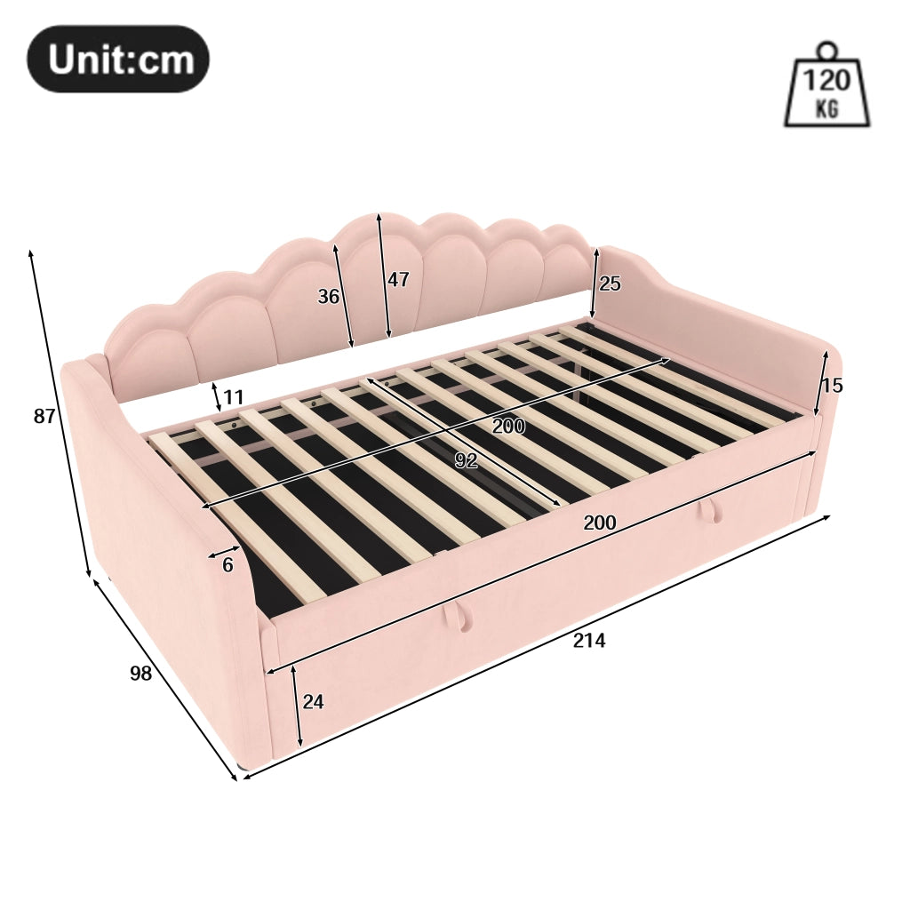 Letto contenitore singolo 90×200 cm con LED e vano portaoggetti; senza materasso; velluto; rosa
