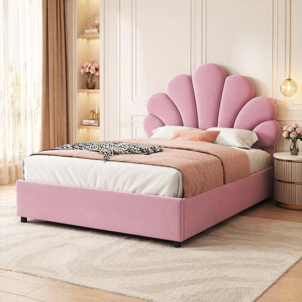 Letto contenitore 90 × 200 cm con testiera floreale imbottita in velluto rosa e rete a doghe