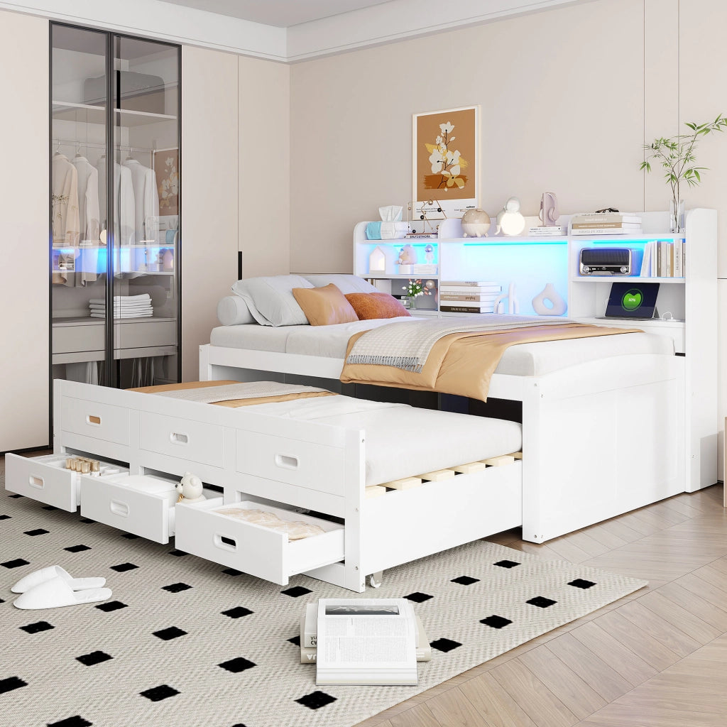 Letto divano 90 × 200 cm 1 posto con letto estraibile; 3 cassetti; LED regolabile; USB e Type-C; senza materasso; bianco
