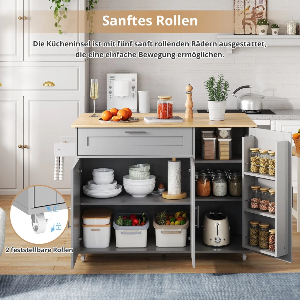 Tavolo da cucina mobile 132,5x44x90 cm, piano ribaltabile effetto rovere, con armadio multifunzione, portaspezie e portasciugamani, 5 ruote