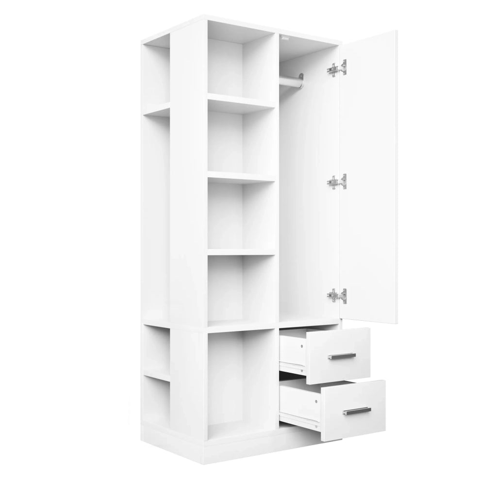 Armadio 1 anta 70x50x170 cm, bianco, con ripiani, 2 appendini separati e 2 cassetti