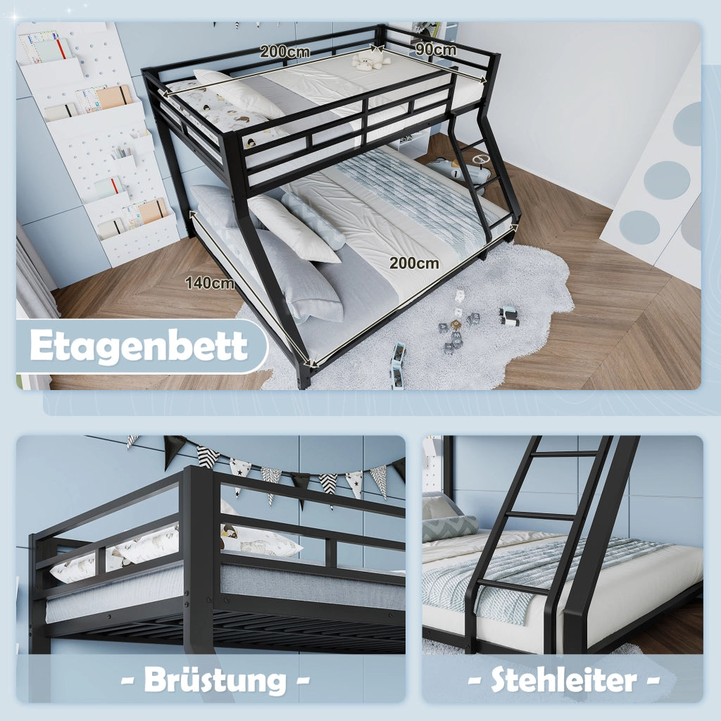 Letto a castello due livelli 90 × 200 cm e 140 × 200 cm con scala e barriera in metallo nero senza materasso