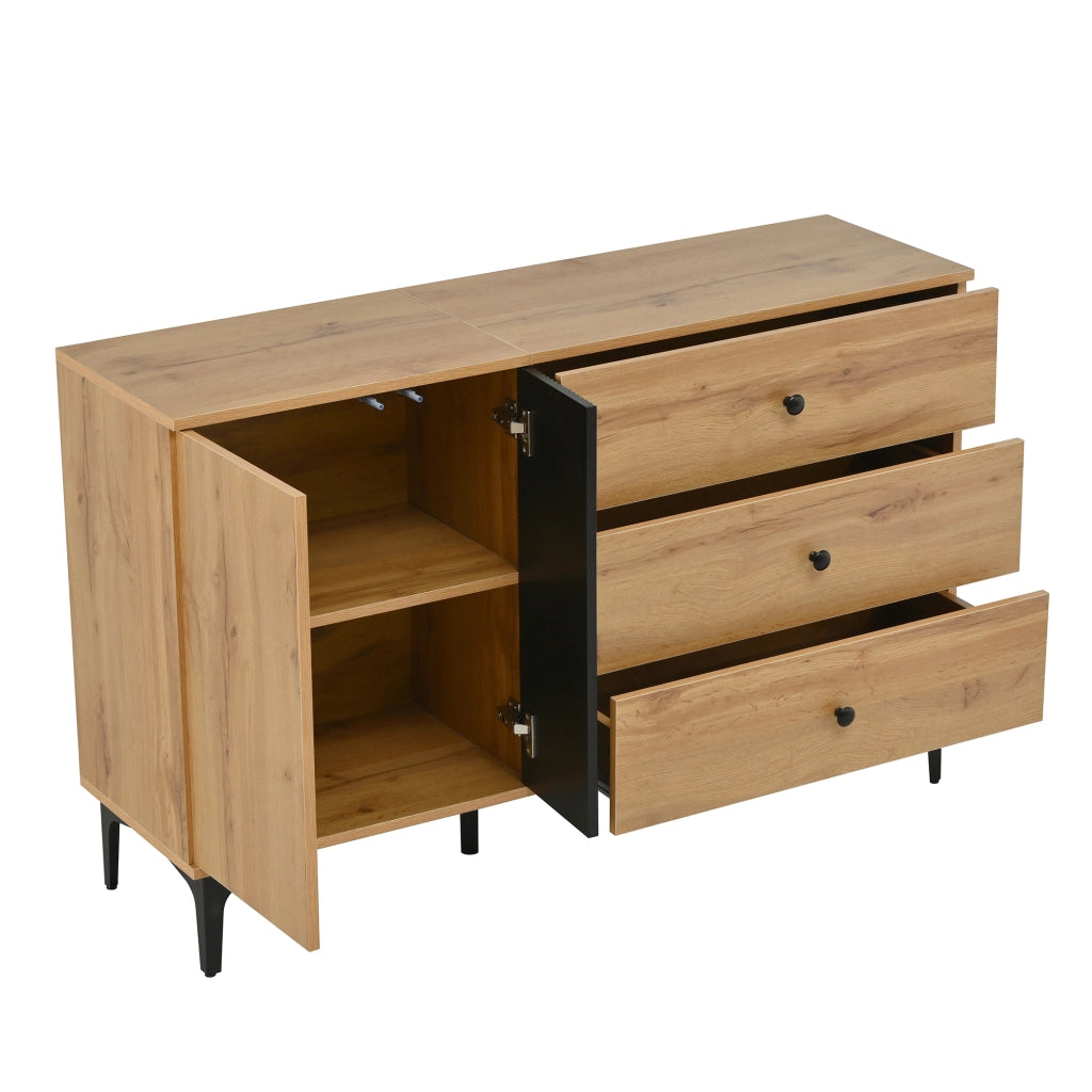 Credenza Moderna Legno e Nero Mobile Buffet 120 cm con 3 Cassetti e Anta