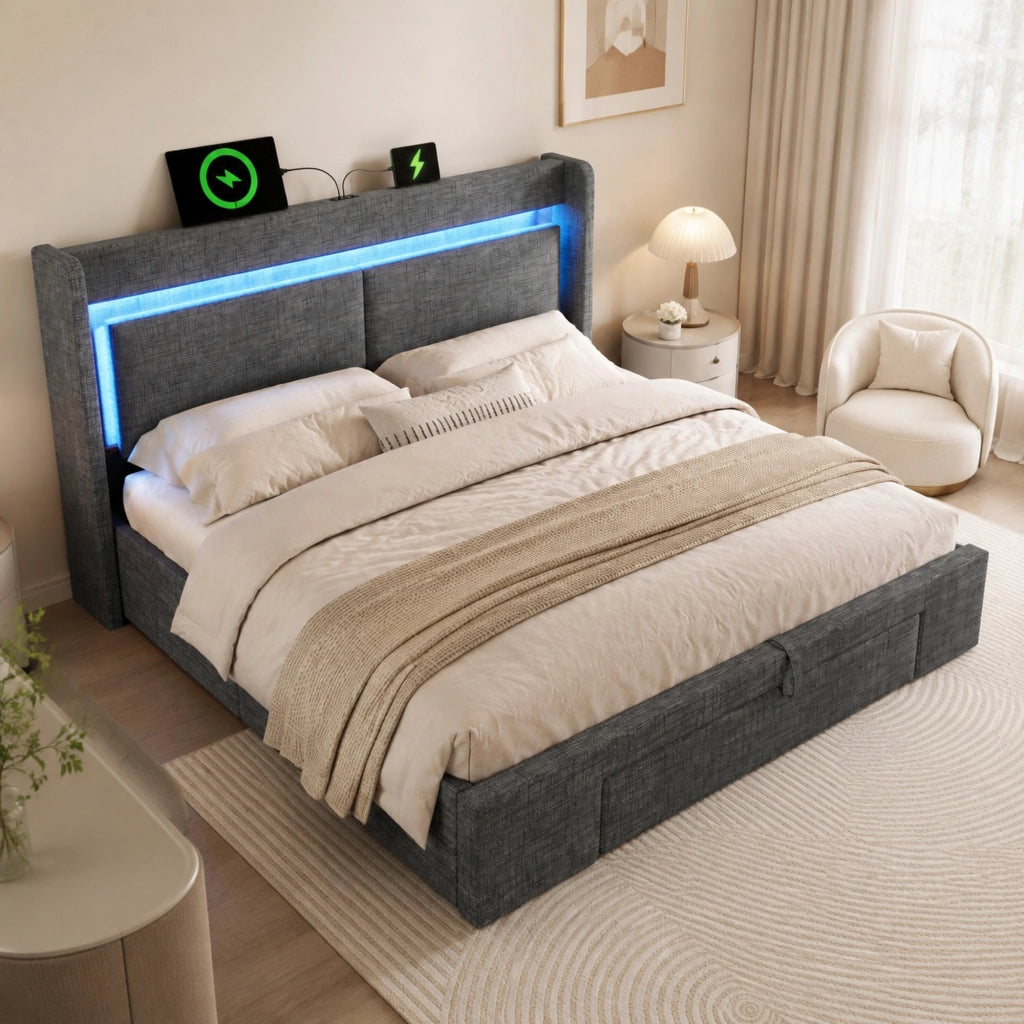 Letto contenitore ULEVR 180x200 cm con vano idraulico, LED, USB e USB-C, testiera con scomparti, grigio