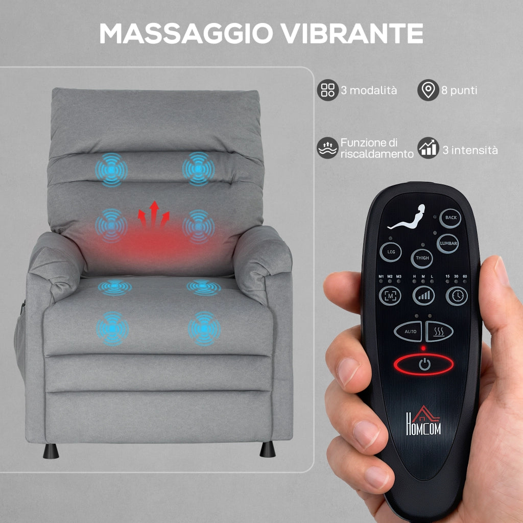 Poltrona Reclinabile con 8 Punti Massaggio e 5 Modalit¨¤, Poggiapiedi, Riscaldamento, Tessuto Vellutato, Grigio