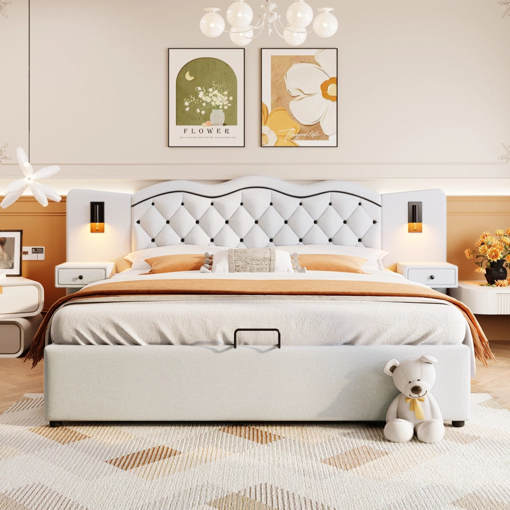 Letto matrimoniale imbottito 180x200 cm con contenitore; luci integrate e prese USB; beige