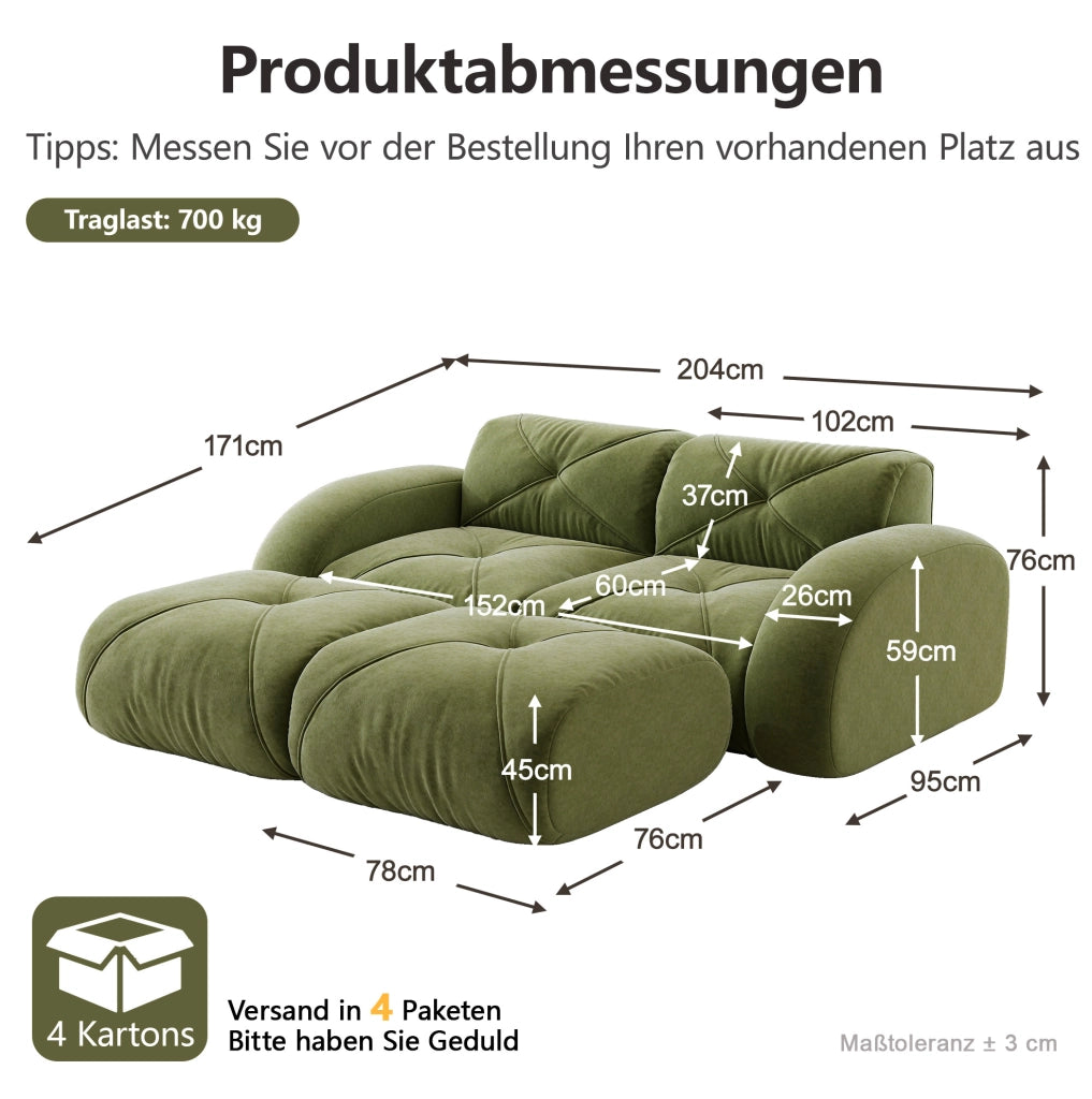 Divano modulare 204x171x76 cm in ciniglia verde con 2 pouf, senza montaggio