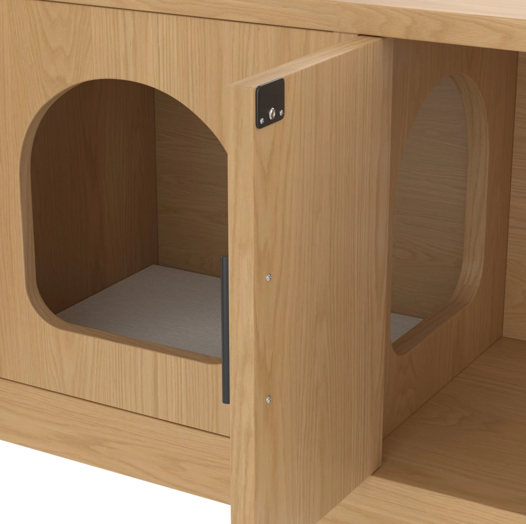Mobile per lettiera per gatti 140x40x45;5 cm con ripiani regolabili e tappetino tiragraffi; rovere