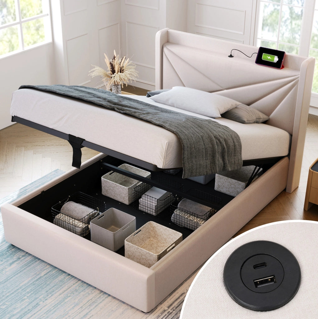 Letto singolo con contenitore 90x200 cm; testiera con USB e Type-C; beige
