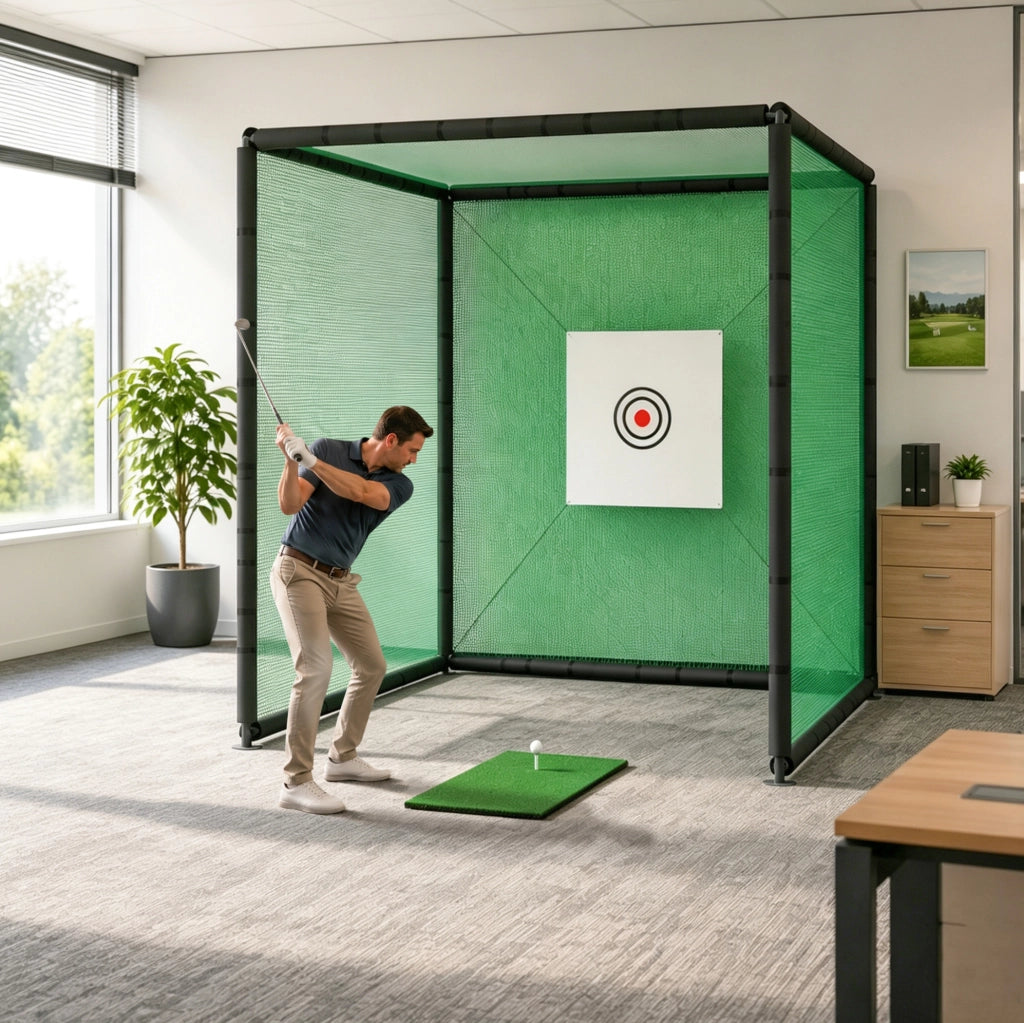 Rete da allenamento golf 300x300x300 cm con struttura in acciaio, target sheet, tappetino e tee in gomma