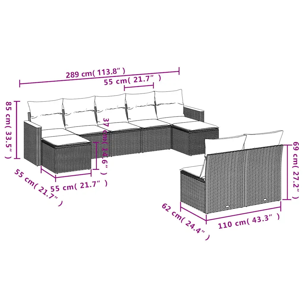 Set Divani da Giardino 9 pz con Cuscini Grigio in Polyrattan 3226376