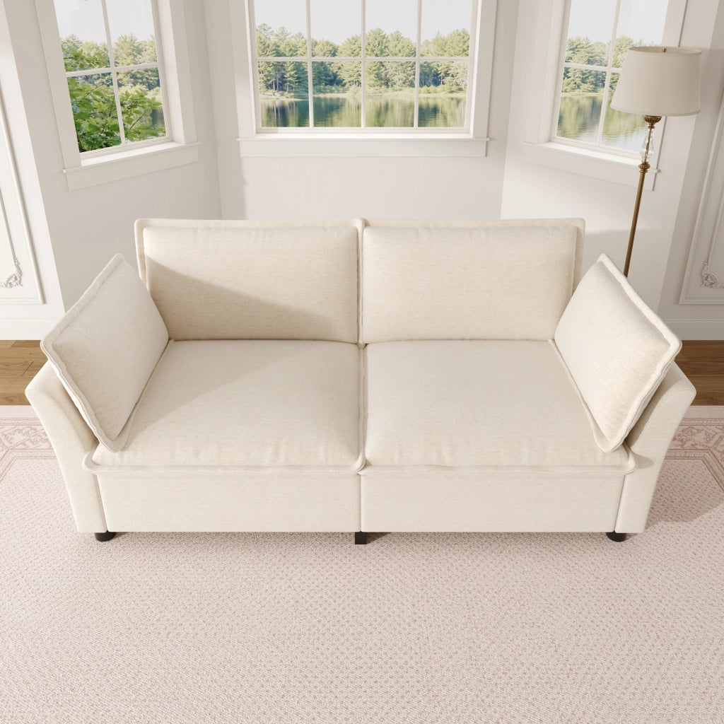 Divano lineare 2 posti - con cuscini per bracciolo e seduta ampia - in chenille beige