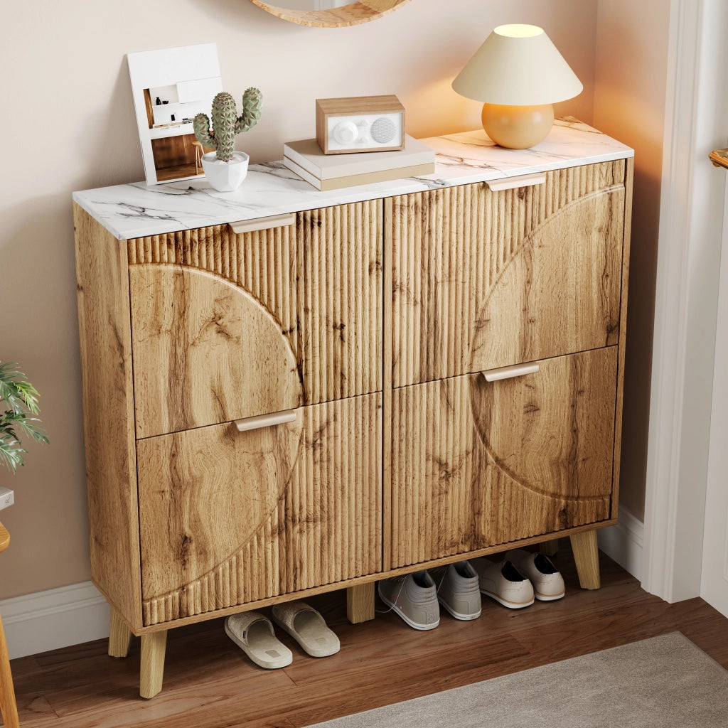 Scarpiera con 4 ante a ribalta e piano effetto marmo, salvaspazio per ingresso, MDF naturale, 105 × 24 × 95,5 cm