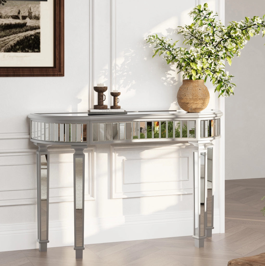 Consolle a mezzaluna con specchio 120x38x78 cm con cassetto; vetro scanalato grigio e argento HOMVRA