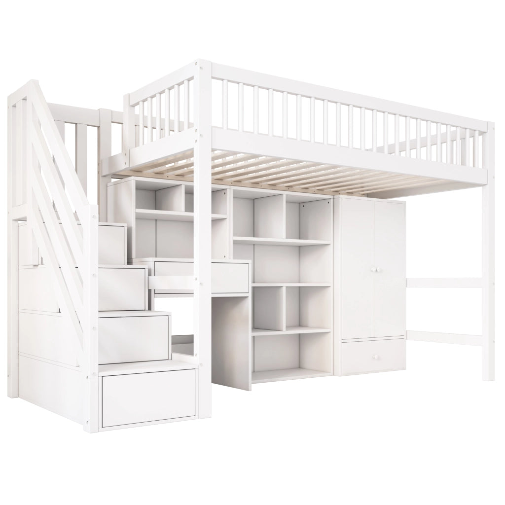 OKWISH Letto Bambino 90×200 cm, Letto Singolo con Scala Contenitore, Scrivania, Armadietti e Armadio, senza Materasso, Bianco