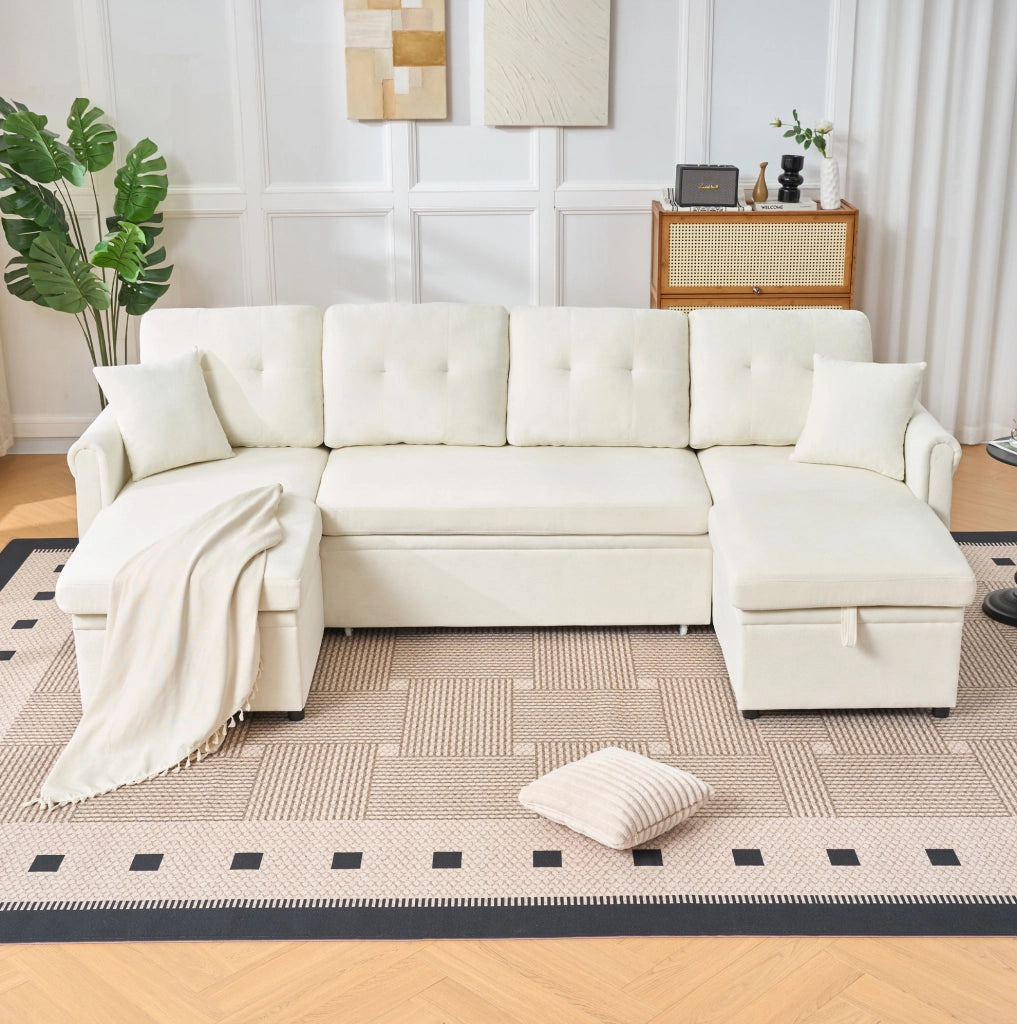 Divano angolare a U con funzione letto e contenitore, ampio divano letto beige in tessuto chenille per soggiorno o camera ospiti