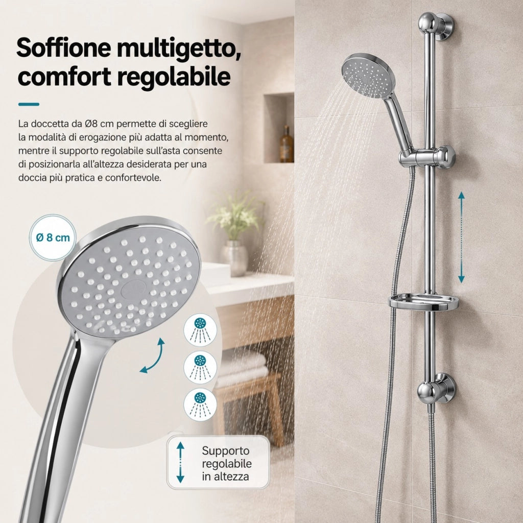 Saliscendi Doccia 60 cm Soffione Ø8 cm Tubo 180 cm Portasapone 69131