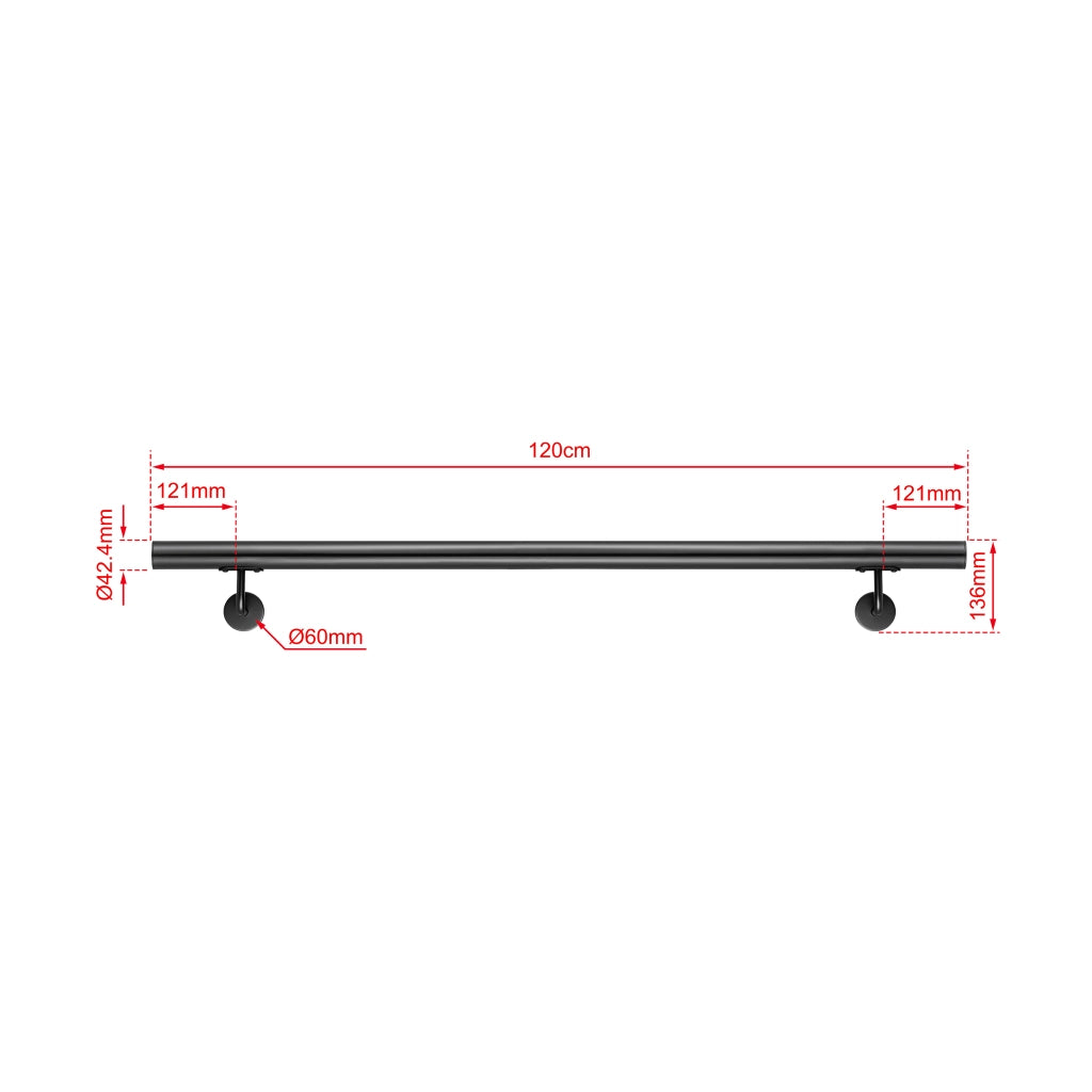 Corrimano a parete in acciaio kit inox AISI 304 nero , Lunghezza 120 cm, Ø 42,4 mm, uso interno ed esterno