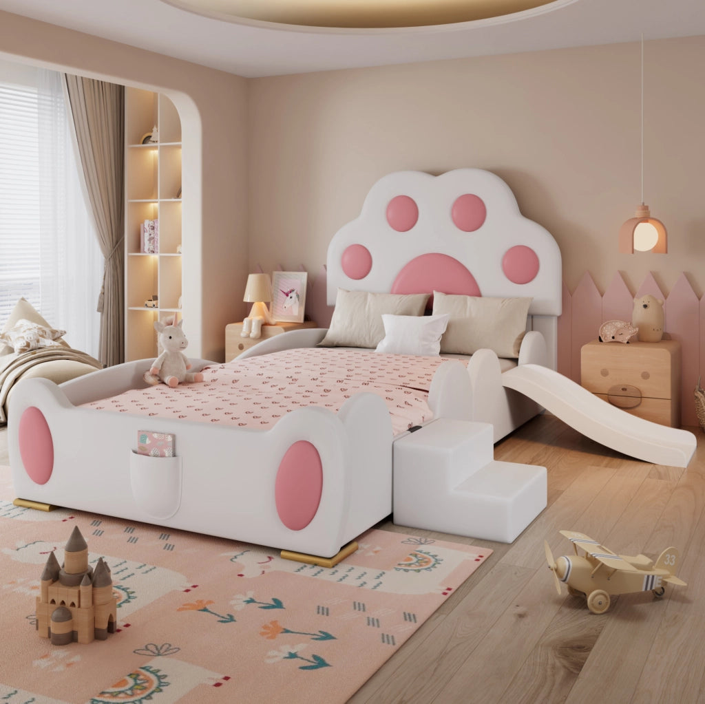 Letto singolo imbottito per bambini con scivolo e scaletta, testiera a forma di zampa di gatto, PU bianco e rosa, 90x200 cm